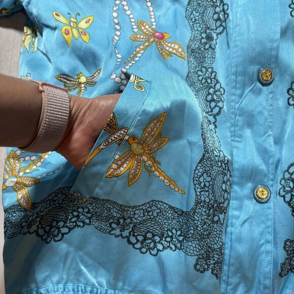 Vintage Blue 100% Silk Butterfly & Dragonfly Print Jacket Full Zip - Picture 9 of 11